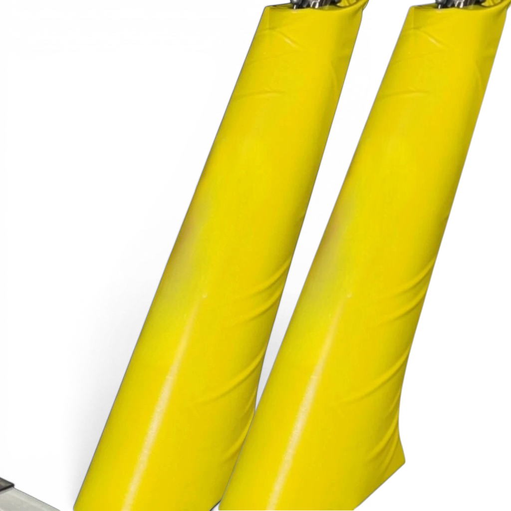 UK Gym Pits yellow PVC vinyl safety padding fitted around a gymnastics beam leg for impact protection