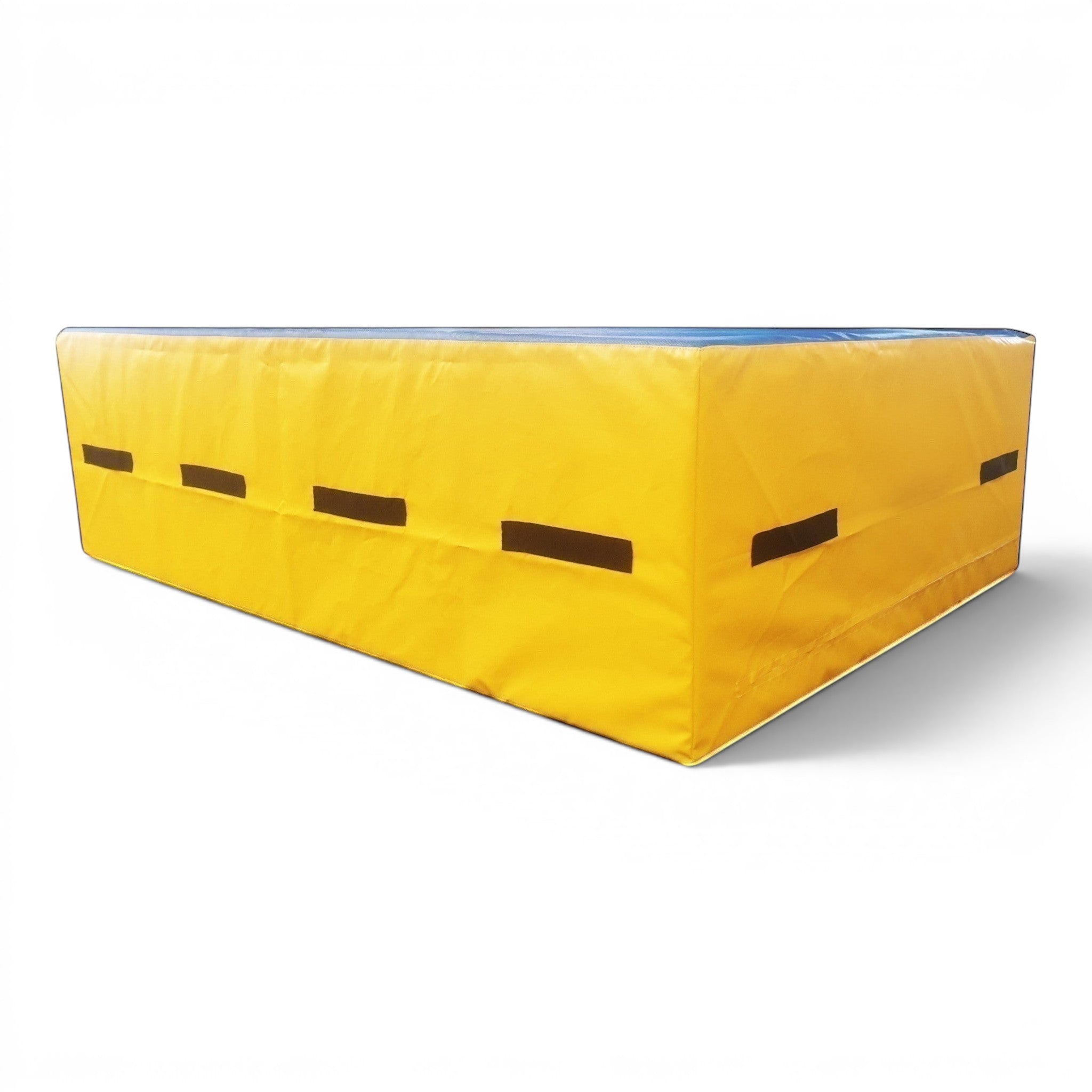 UK Gym Pits yellow and blue resi foam landing pit with heavy duty handles for gymnastics and parkour training