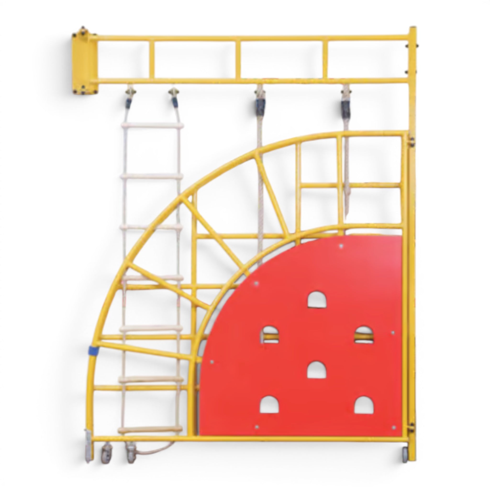 UK Gym Pits yellow steel climbing frame with a red climbing wall, ladder, and rope, set against a classroom wall.