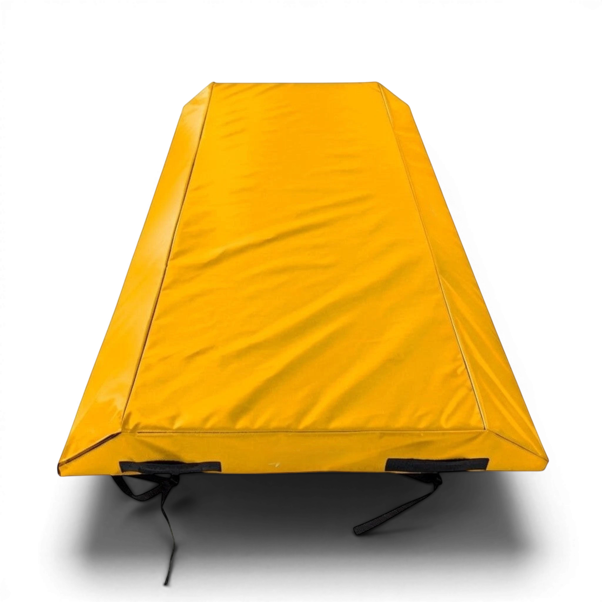 UK Gym Pits yellow double wedge trampoline spotting end deck mat with reinforced PVC cover and webbing straps.