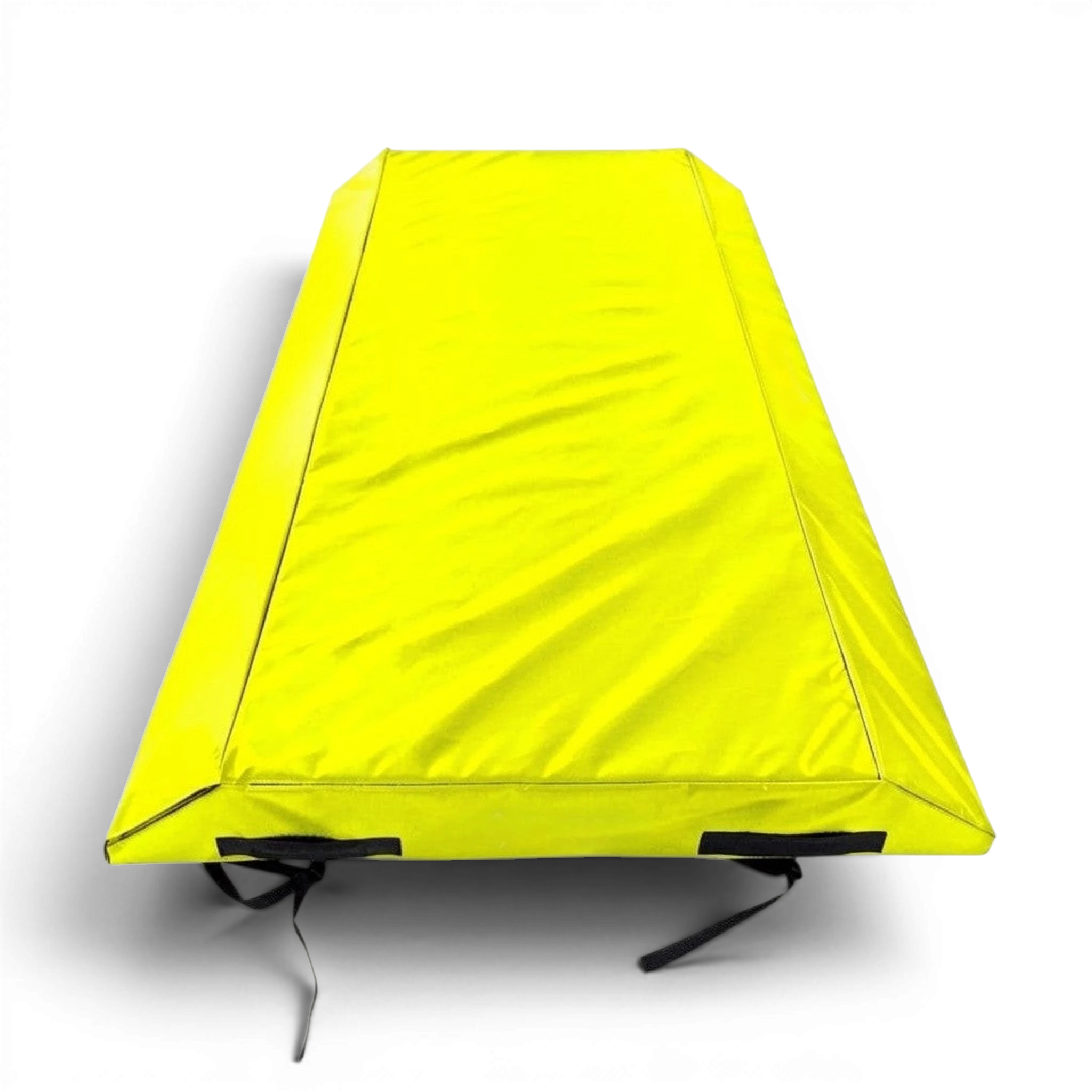 UK Gym Pits yellow double wedge trampoline spotting end deck mat with reinforced PVC cover and webbing straps.