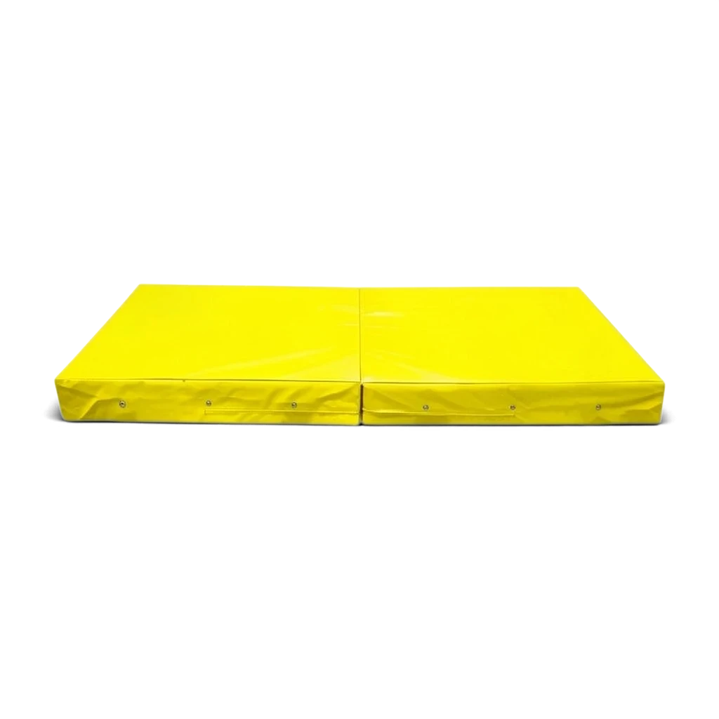 UK Gym Pits yellow folding safety mat for gymnastics and martial arts with shock-absorbing foam and anti-slip base.