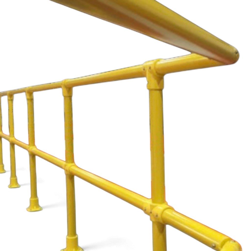 UK Gym Pits yellow GRP 3-way top corner connector installed on a safety handrail system for raised podiums