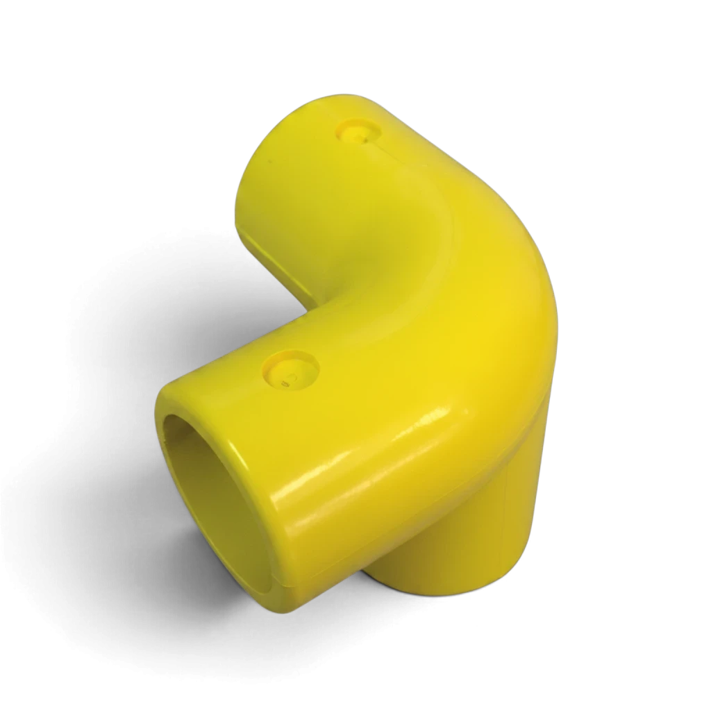UK Gym Pits yellow GRP 3-way top corner connector for handrail systems, made of robust glass reinforced plastic.