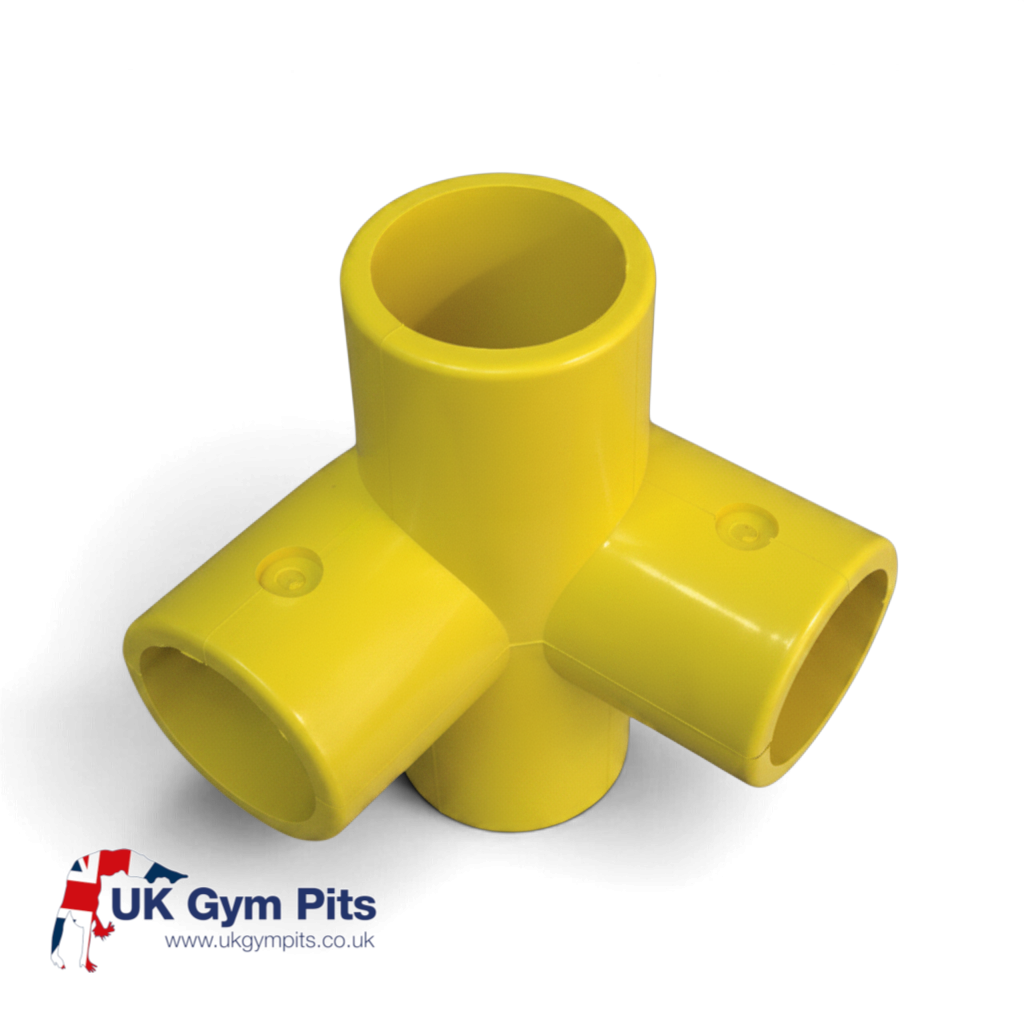 UK Gym Pits yellow GRP 4-way middle corner connector for handrail systems, made of durable glass reinforced plastic.