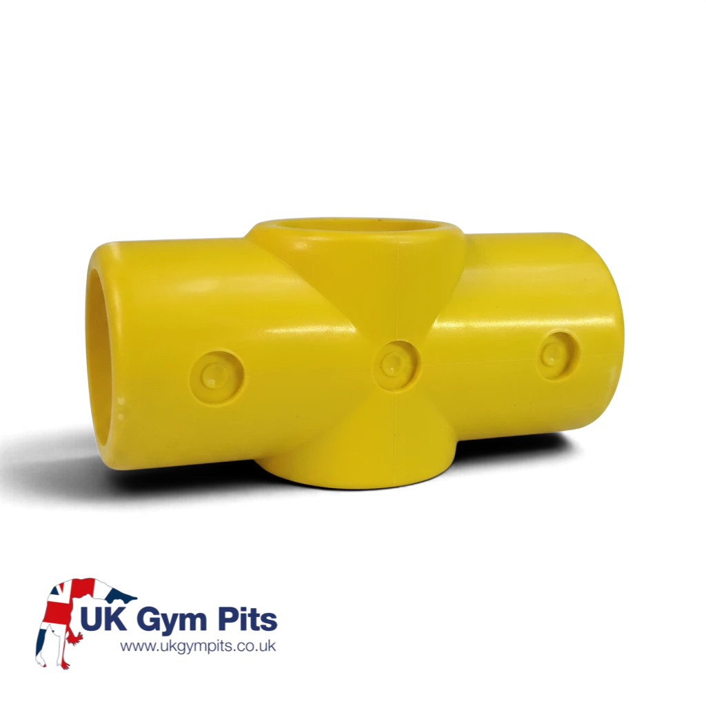 UK Gym Pits yellow GRP 4-way middle cross connector for handrail systems, made of durable glass reinforced plastic.