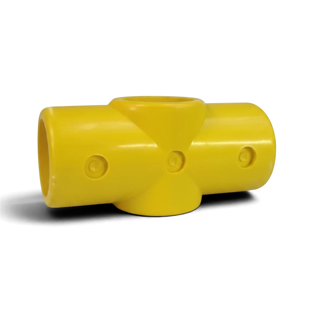 UK Gym Pits yellow GRP 4-way middle cross connector for handrail systems