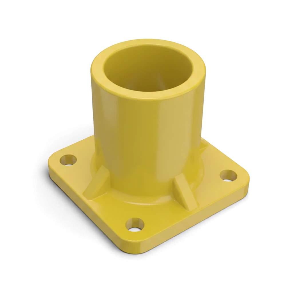 UK Gym Pits yellow GRP floor fitting base plate with four fixing holes for handrail systems