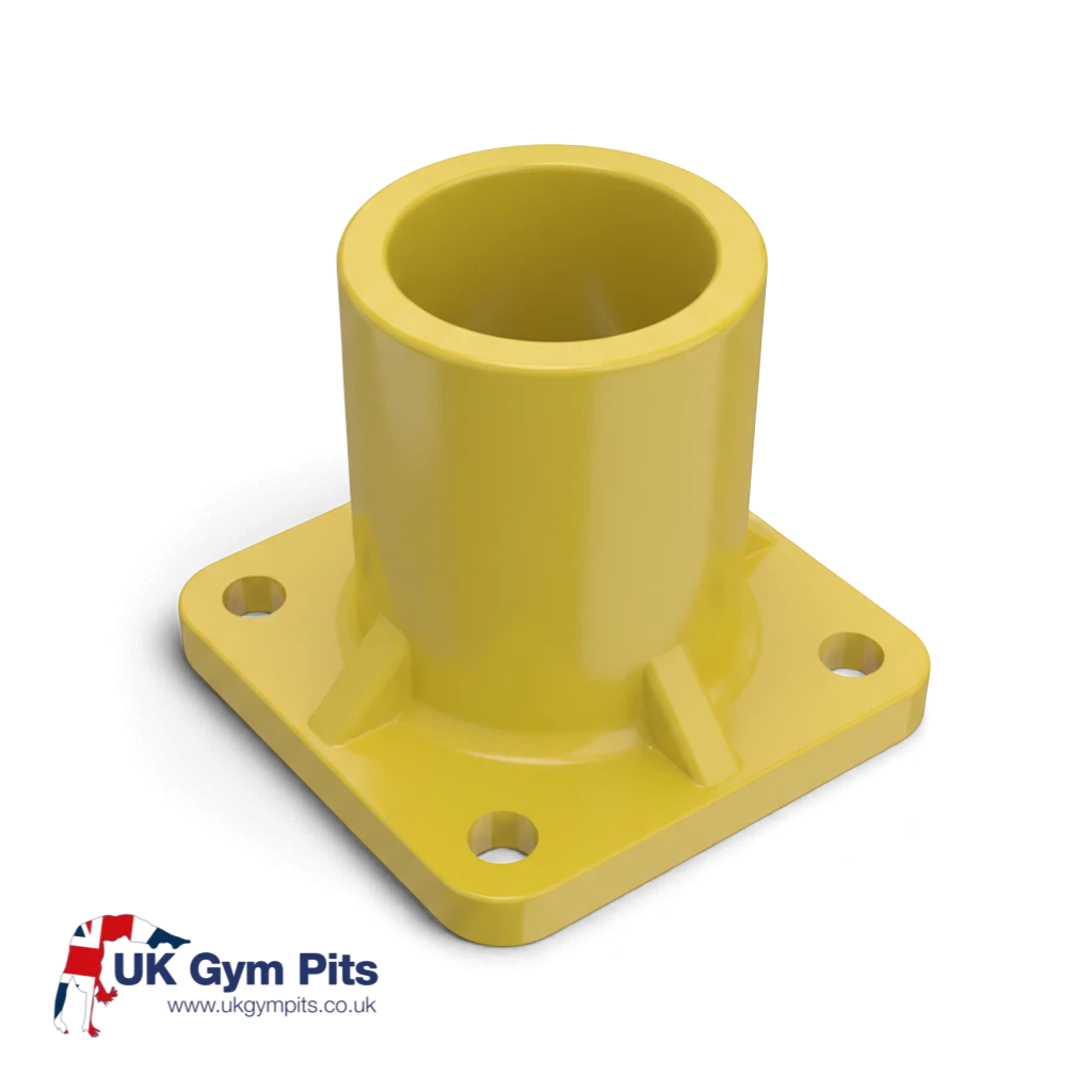 UK Gym Pits yellow GRP floor fitting base plate with four fixing holes for handrail systems