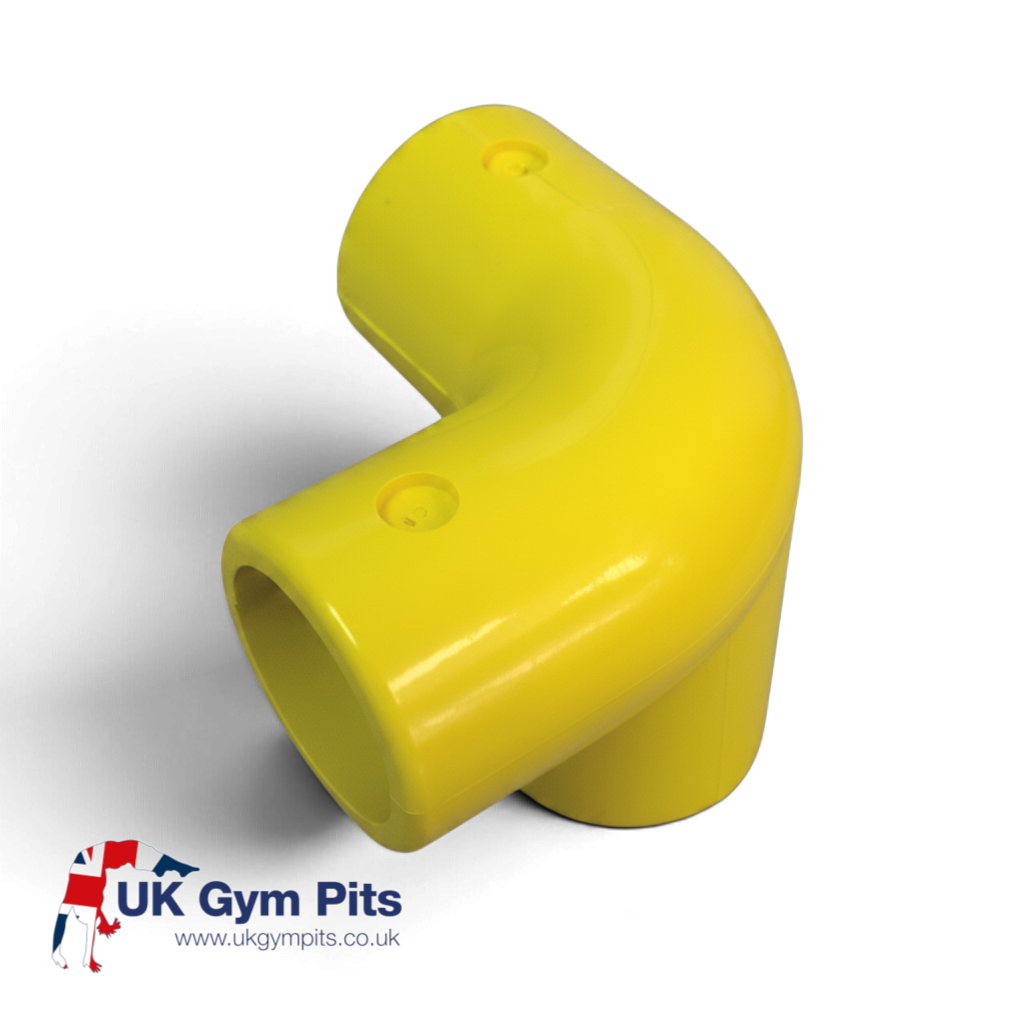 UK Gym Pits yellow GRP 3-way top corner handrail connector for safety railing systems