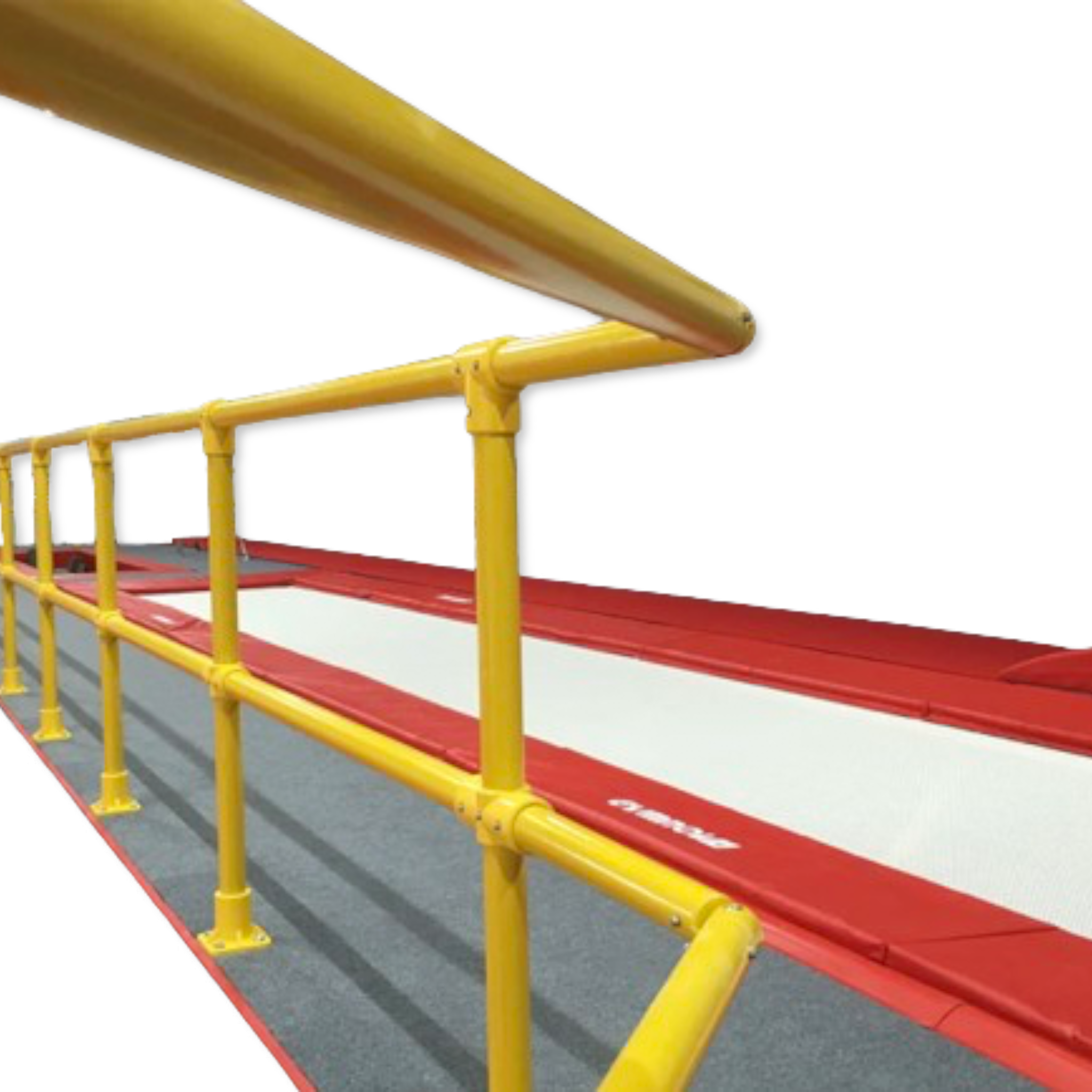 UK Gym Pits yellow 90 degree GRP handrail elbow bend connector installed on a gym pit safety railing system