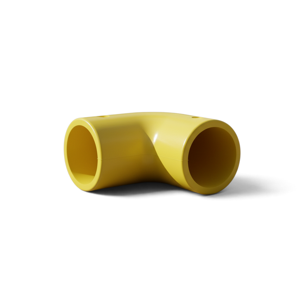 UK Gym Pits yellow 90 degree GRP elbow bend connector for handrail systems, made of durable glass reinforced plastic.