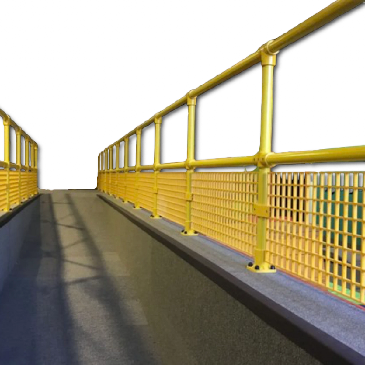 UK Gym Pits yellow GRP handrail system with side fitting base plates installed on a raised podium walkway