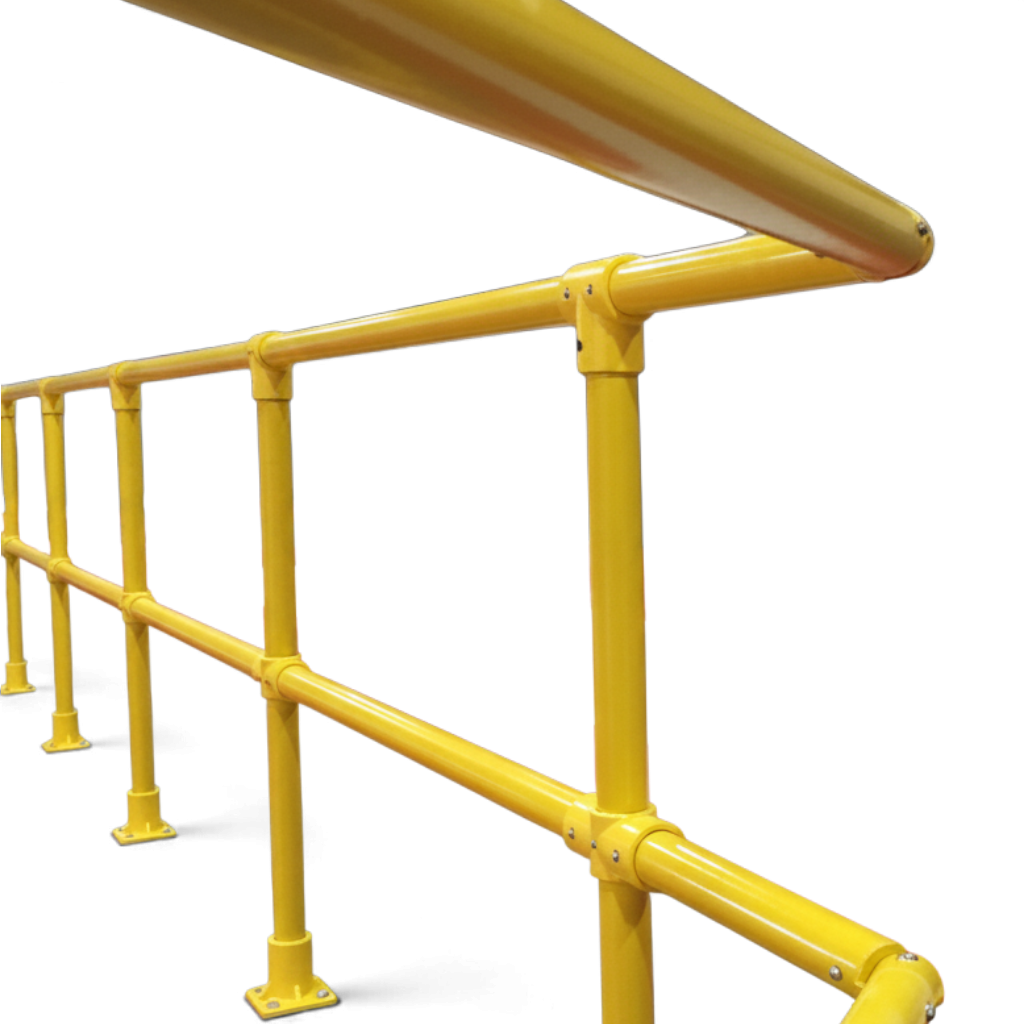 UK Gym Pits yellow GRP 4-way middle corner handrail connector installed on a safety railing system