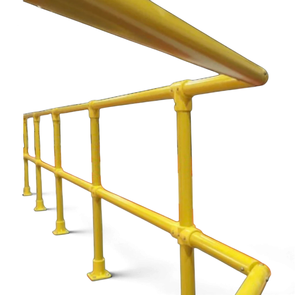 UK Gym Pits yellow GRP horizontal middle handrail post system for safety podiums and walkways