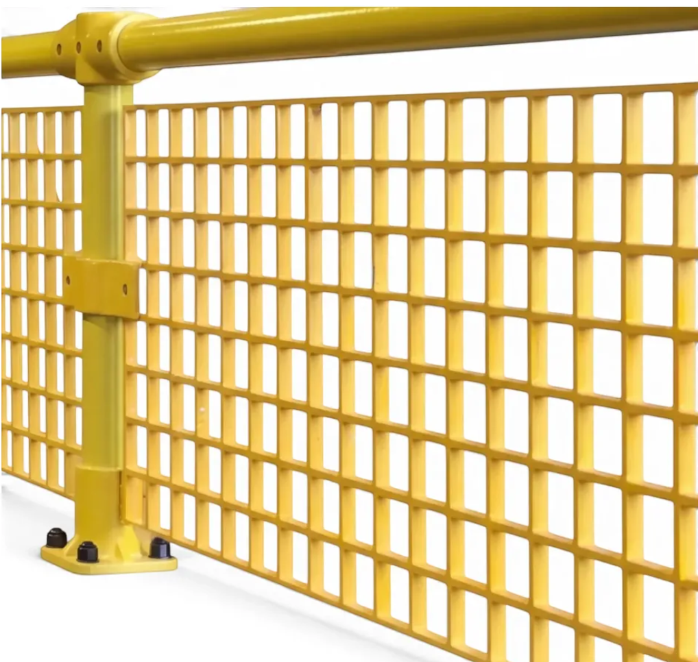 UK Gym Pits yellow GRP handrail system with adjustable swivel bend and safety mesh panel for podiums
