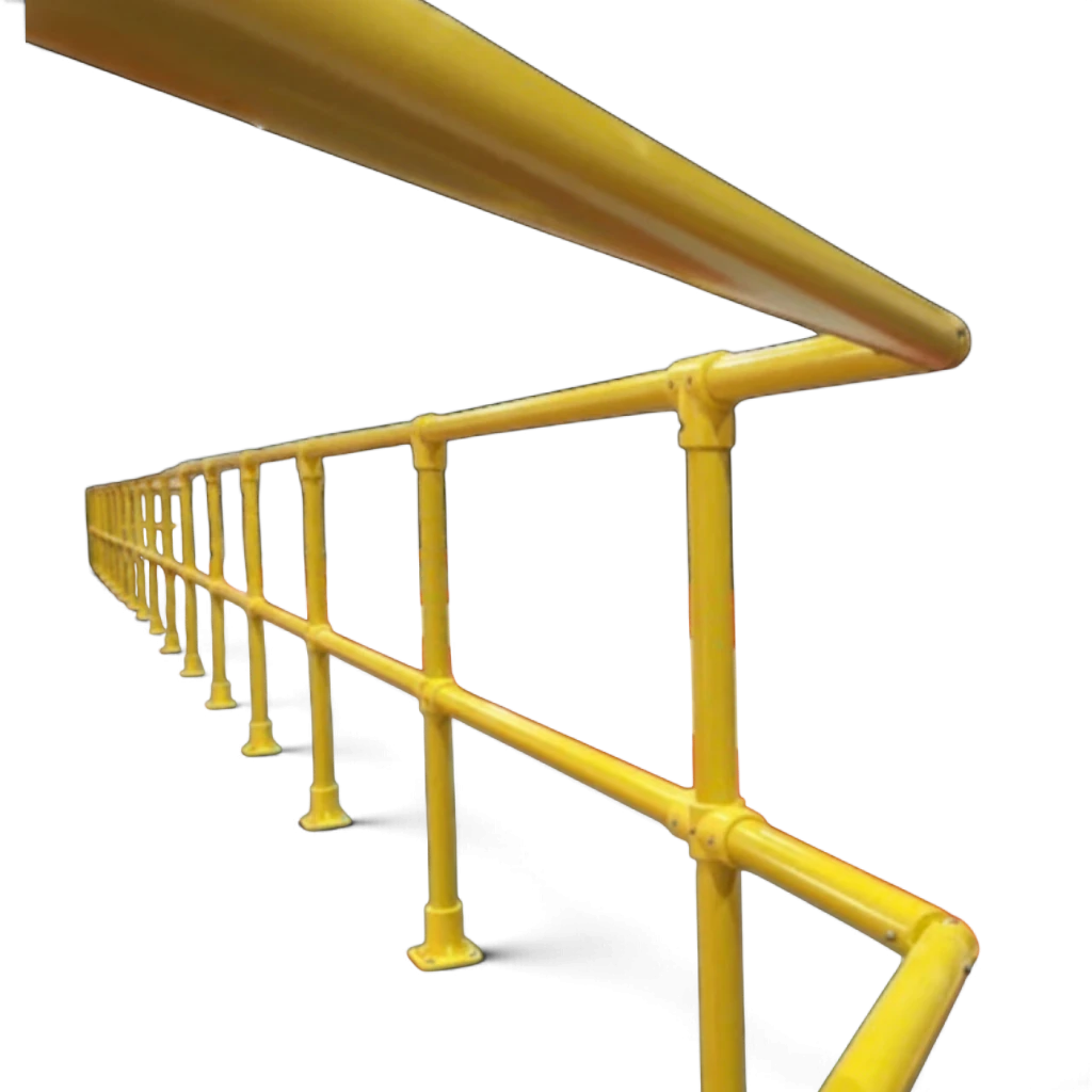 UK Gym Pits yellow GRP handrail system with side fitting base plates for safety on raised podiums and walkways