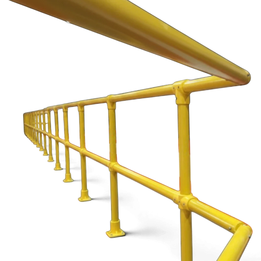 UK Gym Pits yellow GRP handrail tubing system for safety podiums and walkways, 6m length with durable plastic finish.