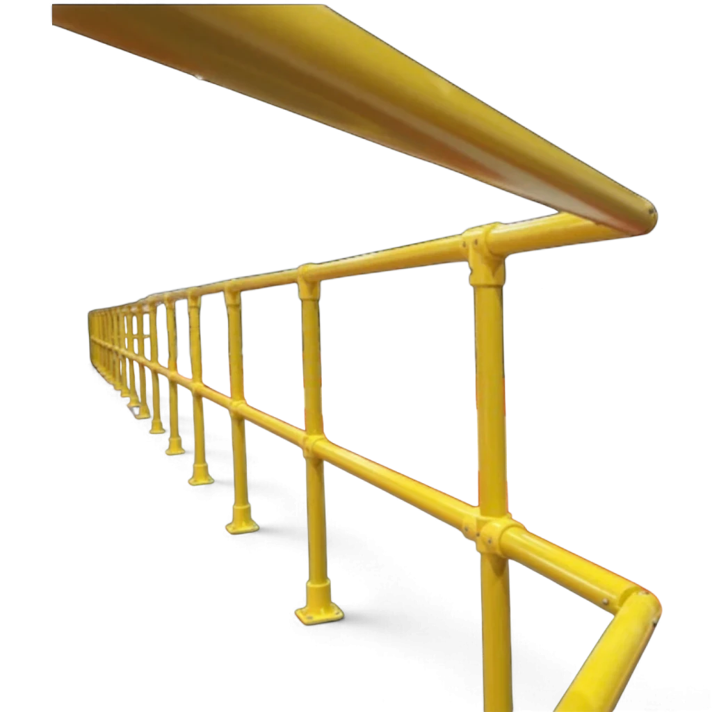 UK Gym Pits yellow GRP handrail system with floor fitting base plates for safety on raised podiums and walkways