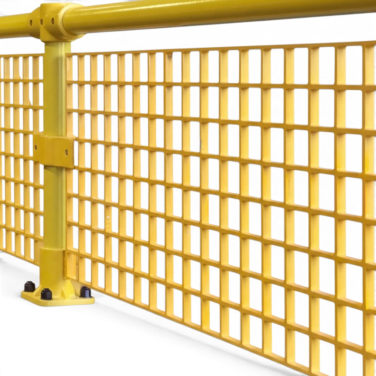 UK Gym Pits yellow GRP mesh safety panel installed on a handrail system for fall protection in gym environments.