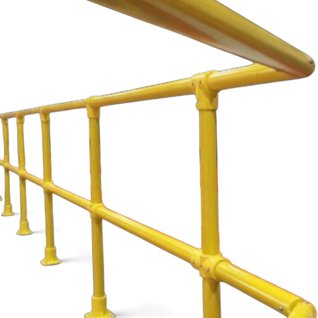 UK Gym Pits yellow GRP adjustable swivel bend for handrail systems, designed for external tube fitting.
