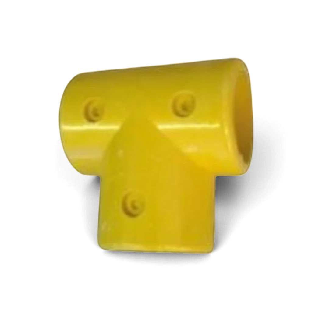 UK Gym Pits yellow 3-holed GRP T-piece connector for handrail systems, made of durable glass reinforced plastic.