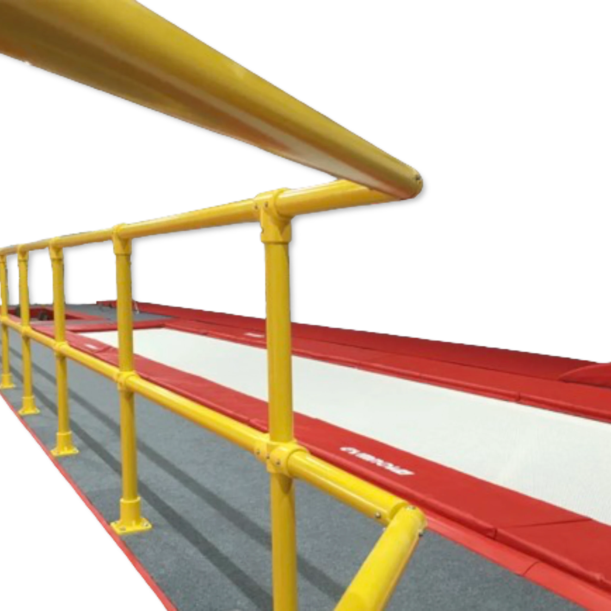 UK Gym Pits yellow 3-holed GRP T-piece connector for handrail systems installed on a gym podium