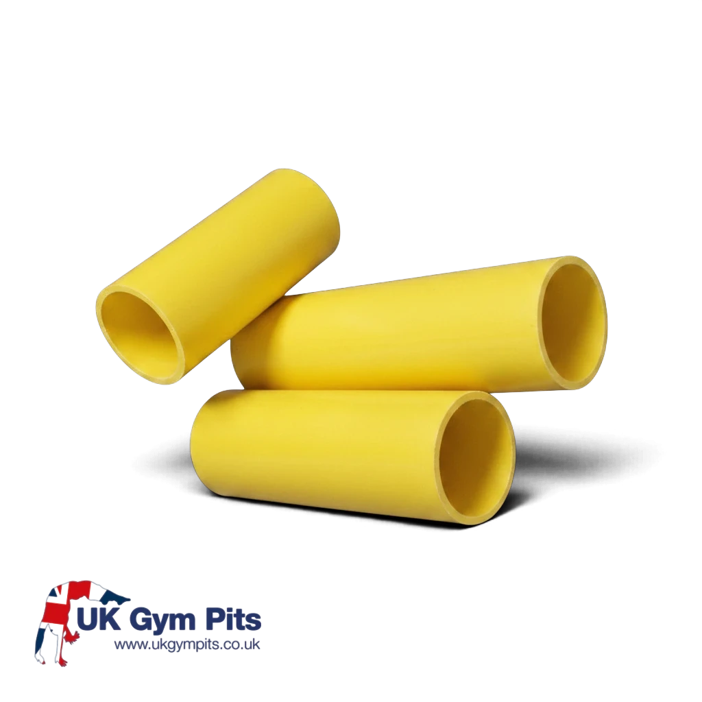 UK Gym Pits yellow GRP handrail tubing sections for safety systems, 5cm diameter, durable glass reinforced plastic.