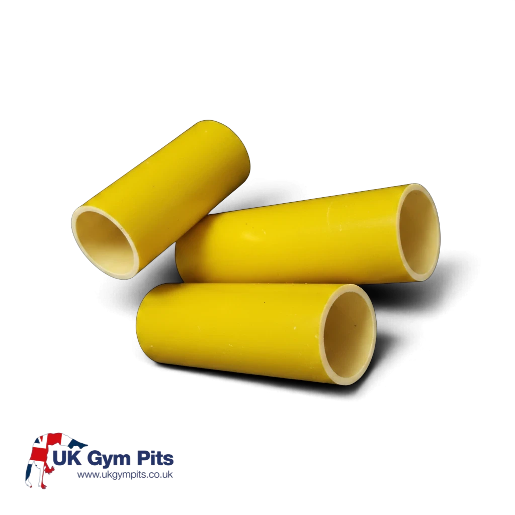 Three yellow GRP vertical upright posts for UK Gym Pits handrail systems, 99.5cm long with 5cm external diameter.
