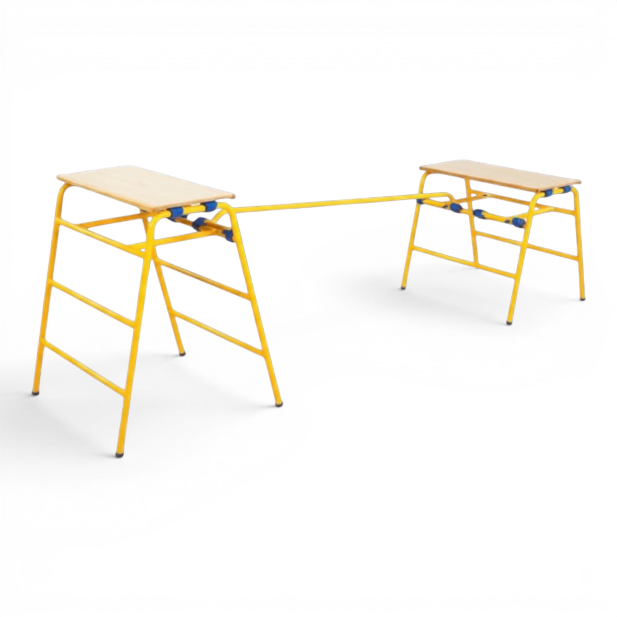UK Gym Pits yellow metal single bar connecting two wooden-topped gym trestles for climbing and swinging activities.