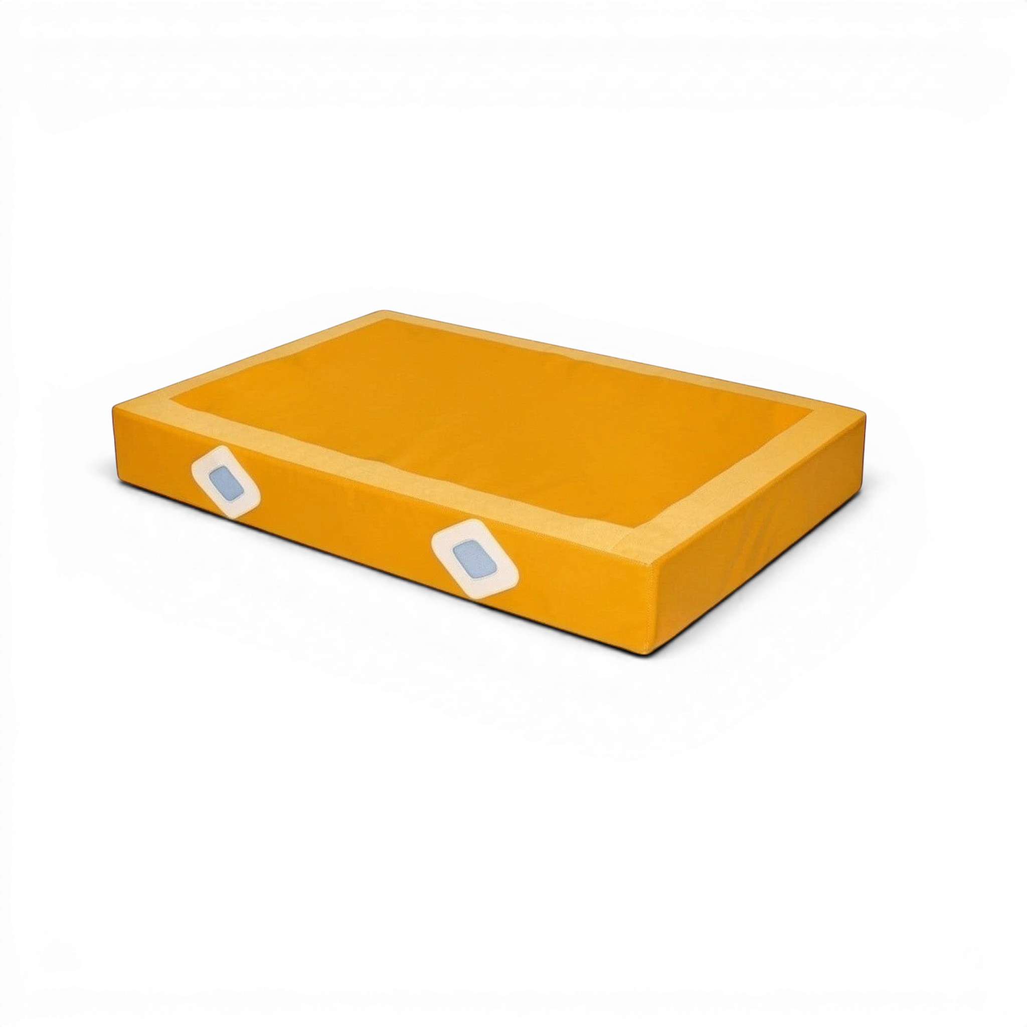 UK Gym Pits yellow FIG approved gymnastics landing mat with air distribution mesh windows for parallel bars.