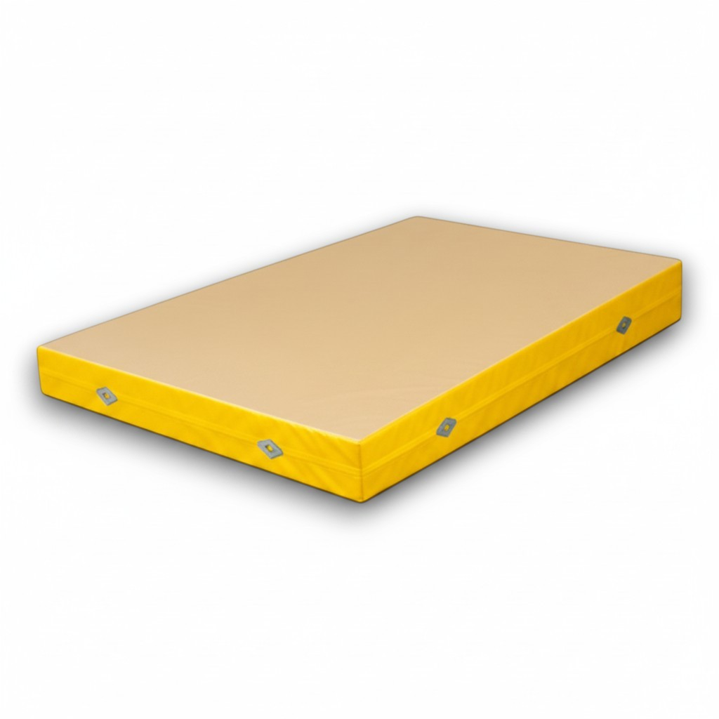 UK Gym Pits yellow FIG approved soft topper gymnastics landing mat with jersey fabric top and PVC sides.
