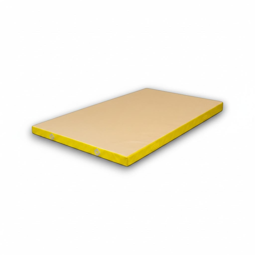 UK Gym Pits FIG approved yellow soft topper gymnastics landing mat with a non-slip base for safe training.