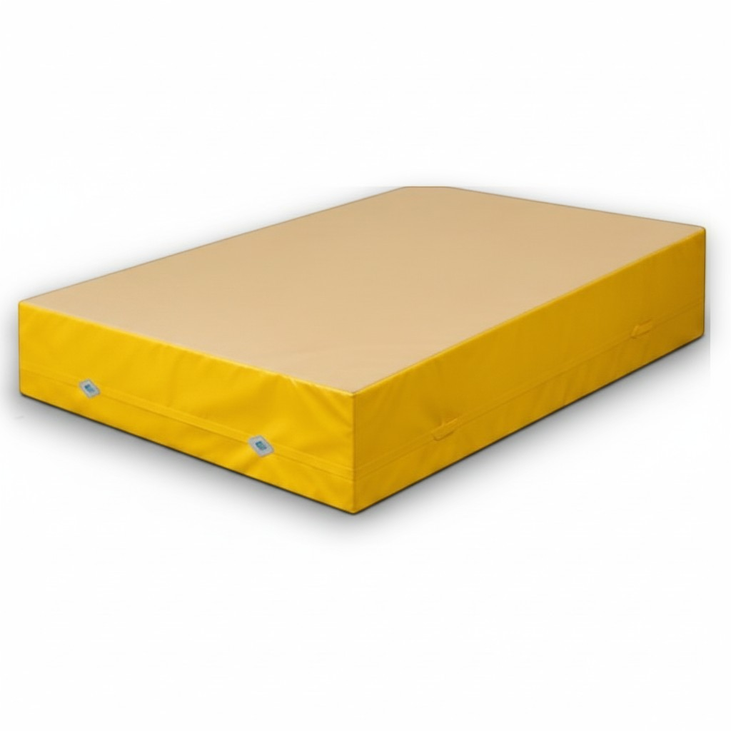 UK Gym Pits FIG approved yellow soft topper landing mat with jersey fabric top and durable PVC vinyl sides.