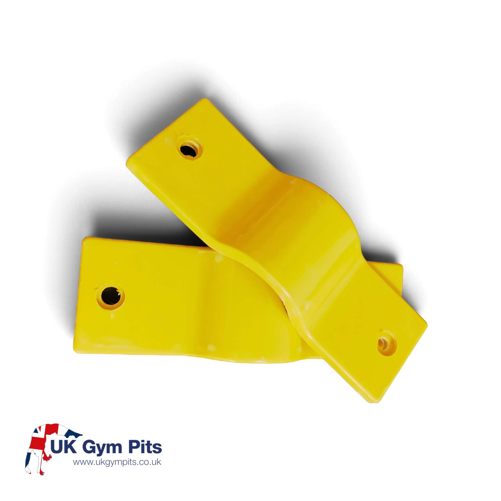 UK Gym Pits yellow GRP mesh safety panel connector fitting for securing handrail systems to upright posts.