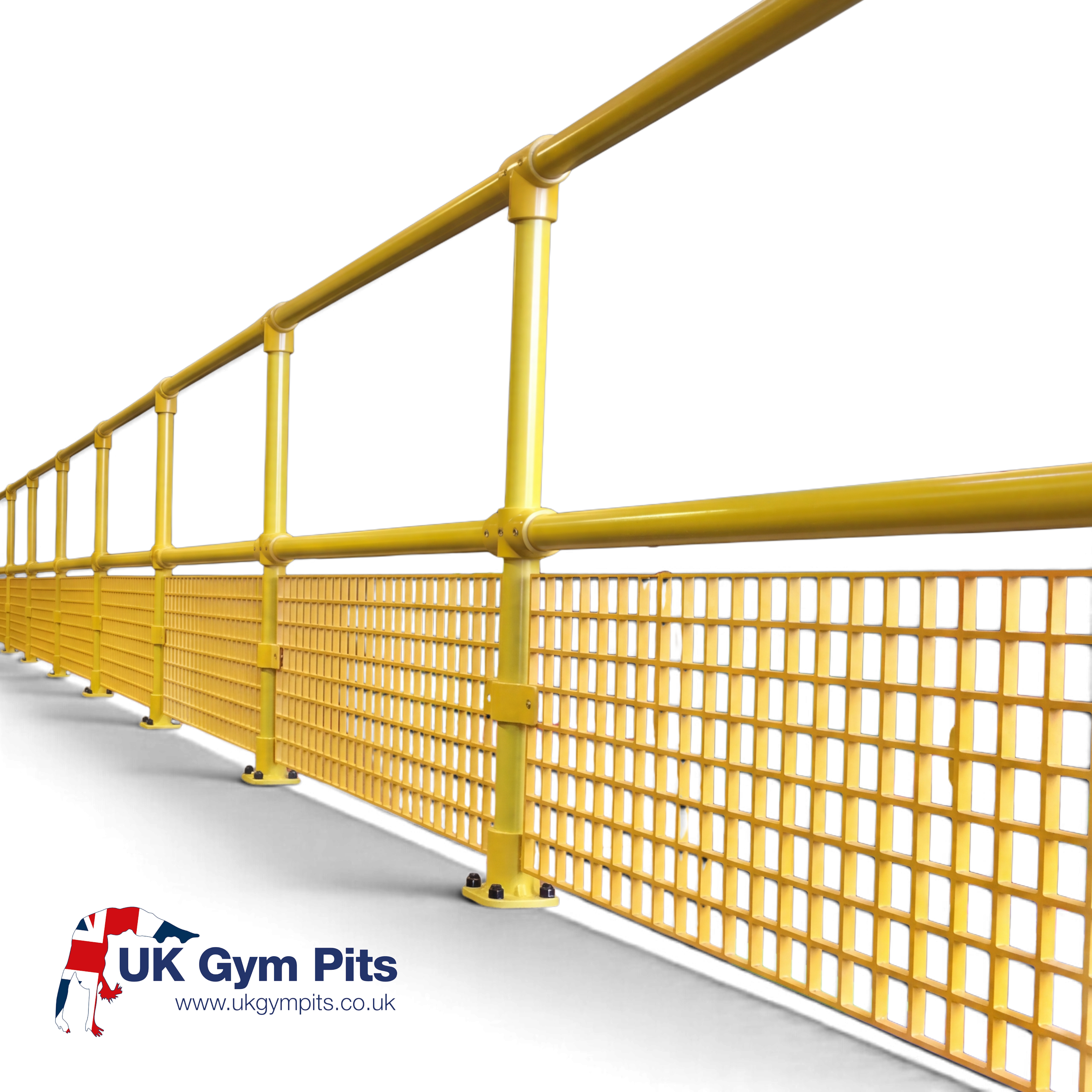 UK Gym Pits yellow GRP mesh safety panel installed on a handrail system for gym pit fall protection
