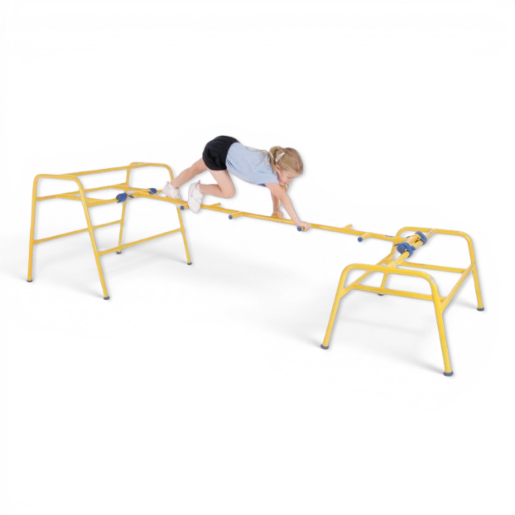 UK Gym Pits yellow metal cat ladder with offset rungs for climbing between two gym trestles.