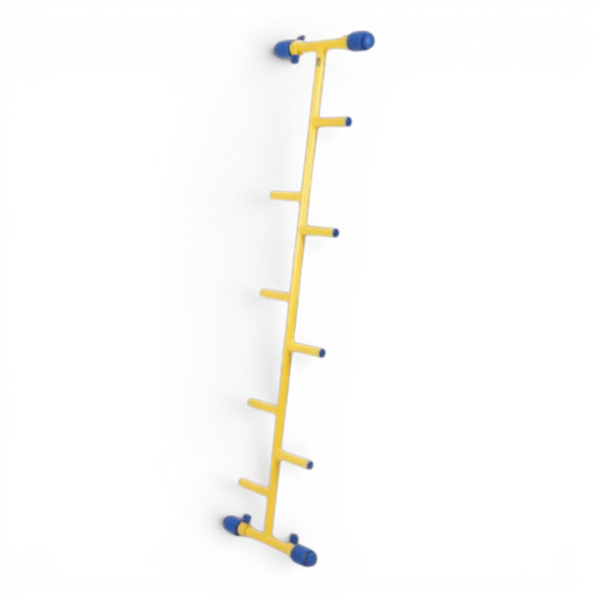 UK Gym Pits yellow metal cat ladder with offset rungs and blue hook and loop fixing system for gymnastics equipment.