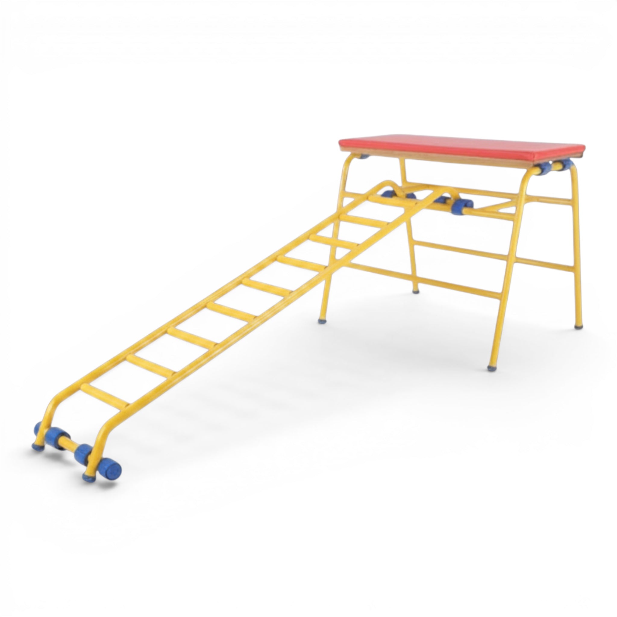 UK Gym Pits yellow metal climbing ladder attached to a red-topped trestle for gymnastics training