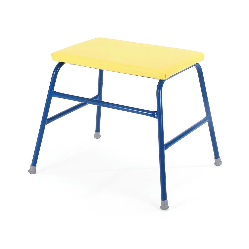 UK Gym Pits yellow padded agility table with a blue powder-coated steel frame and non-slip rubber feet.