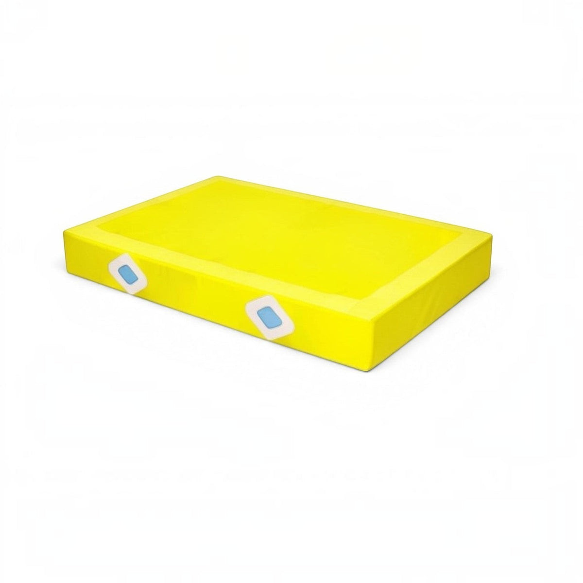 UK Gym Pits yellow PVC vinyl parallel bars landing mat with air distribution mesh windows for gymnastics training.