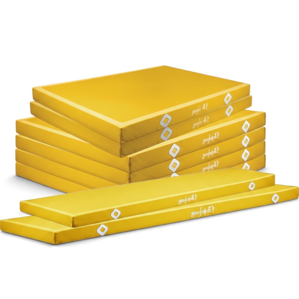 UK Gym Pits yellow Gaofei gymnastics landing mats for parallel bars with non-slip base and Velcro locking system