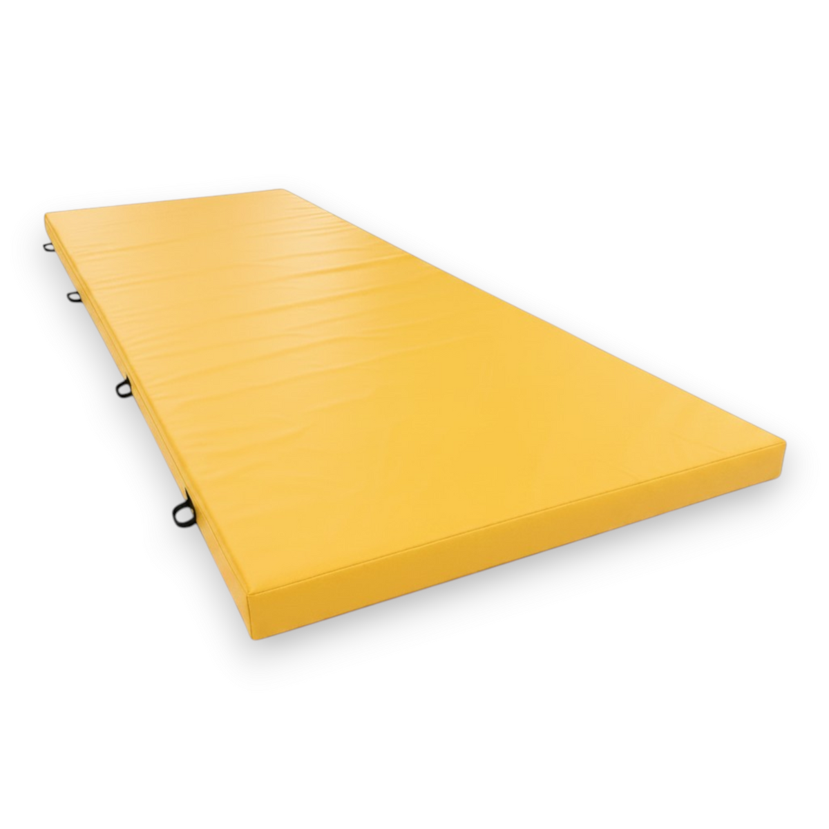 UK Gym Pits yellow PVC splat mat with shock-absorbing foam and heavy-duty handles for gymnastics and martial arts.