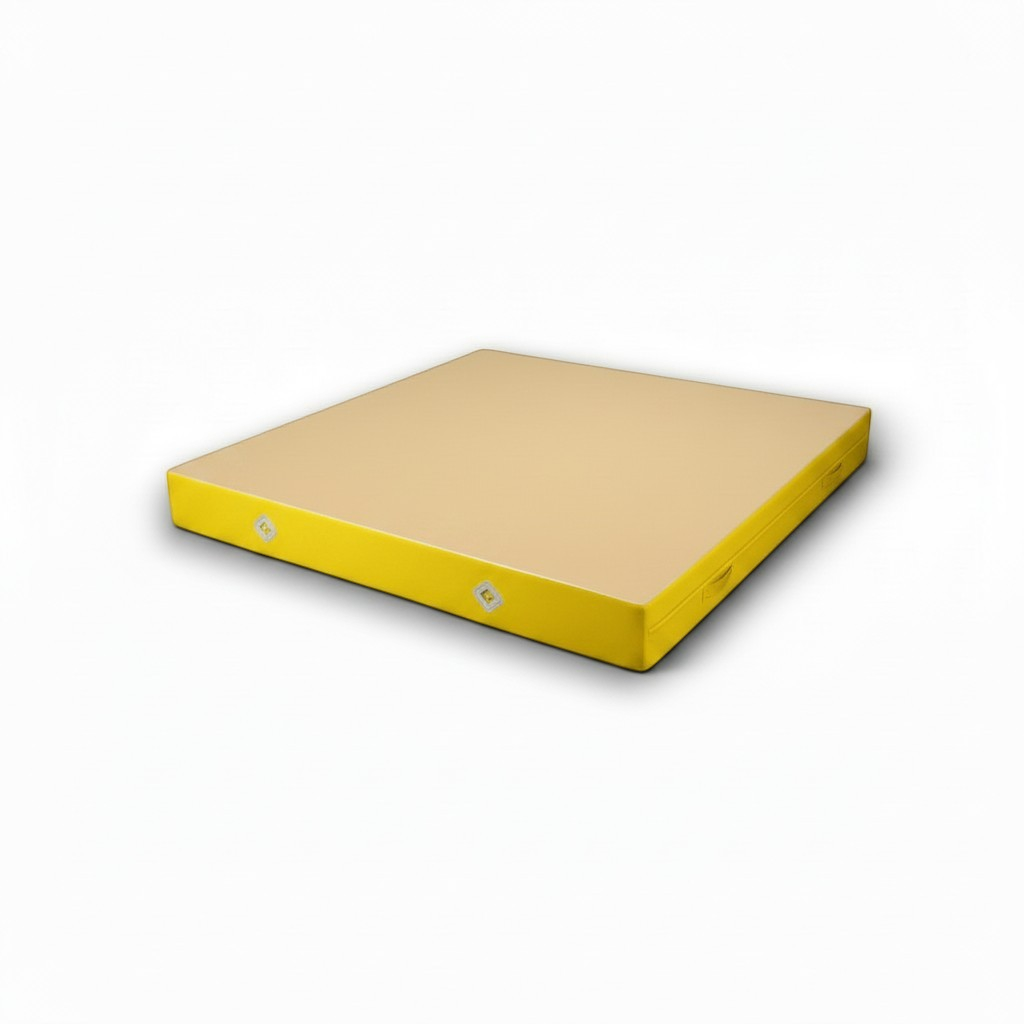 UK Gym Pits FIG approved yellow soft topper landing mat with jersey fabric top and durable PVC sides for gymnastics.