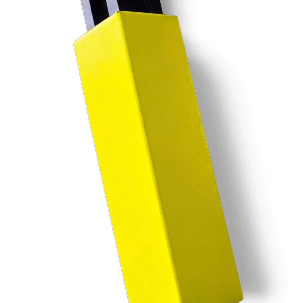 UK Gym Pits yellow square post protector made of shock-absorbing foam with a durable PVC cover for gym safety.