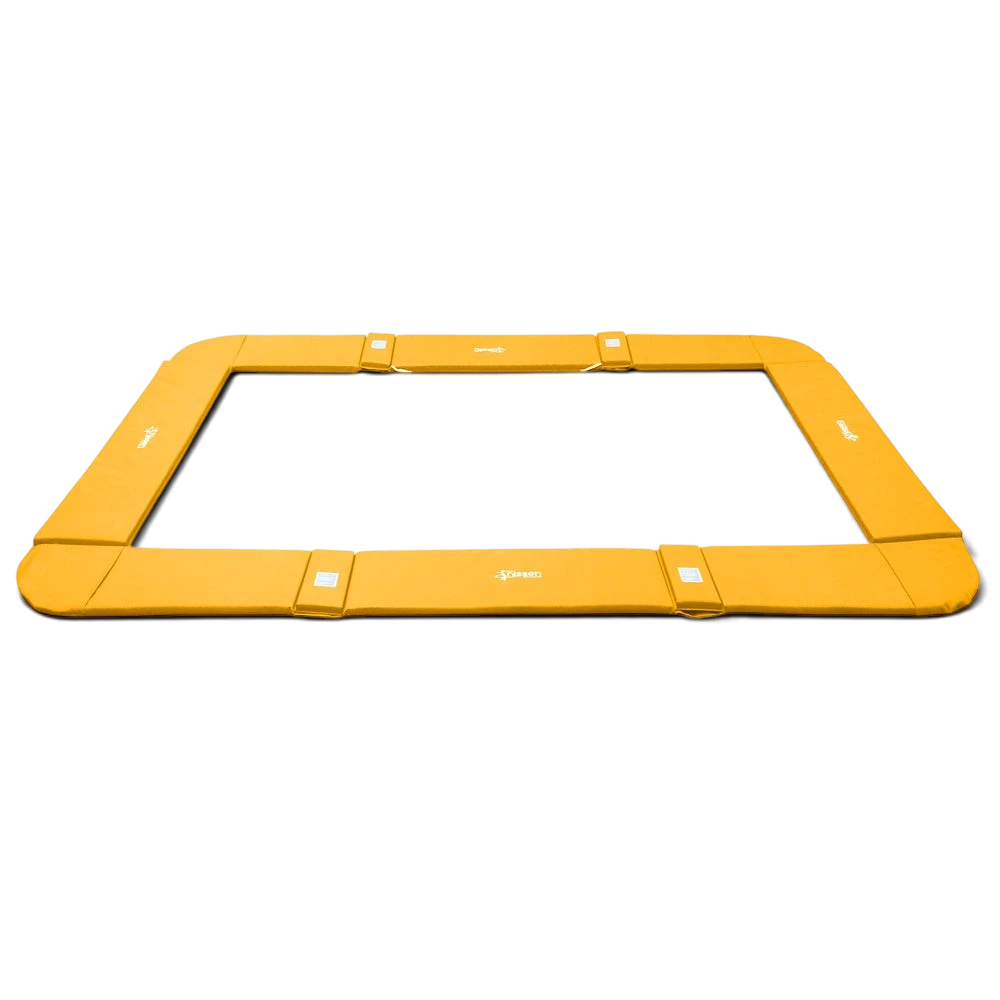 UK Gym Pits yellow foam and PVC coverall frame pads for a junior trampoline with elasticated attachment straps