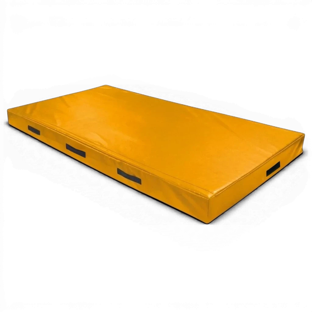 UK Gym Pits yellow trampoline push-on safety mat with reinforced PVC cover and side carry handles